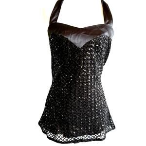 NWT~BELLE POGUE Women's Halter Top L Black Sequins Party Witchy Goth Tank Bling
